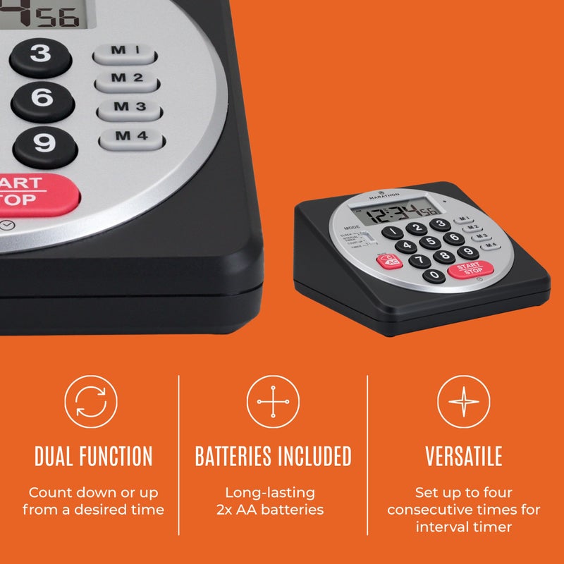 Marathon 100 Hour Direct Entry Digital Tabletop Timer, Black - Large, Easy-to-Read LCD Display - Loud Ring Alarm - Clock Feature - 2 AA Batteries Included - Image 3